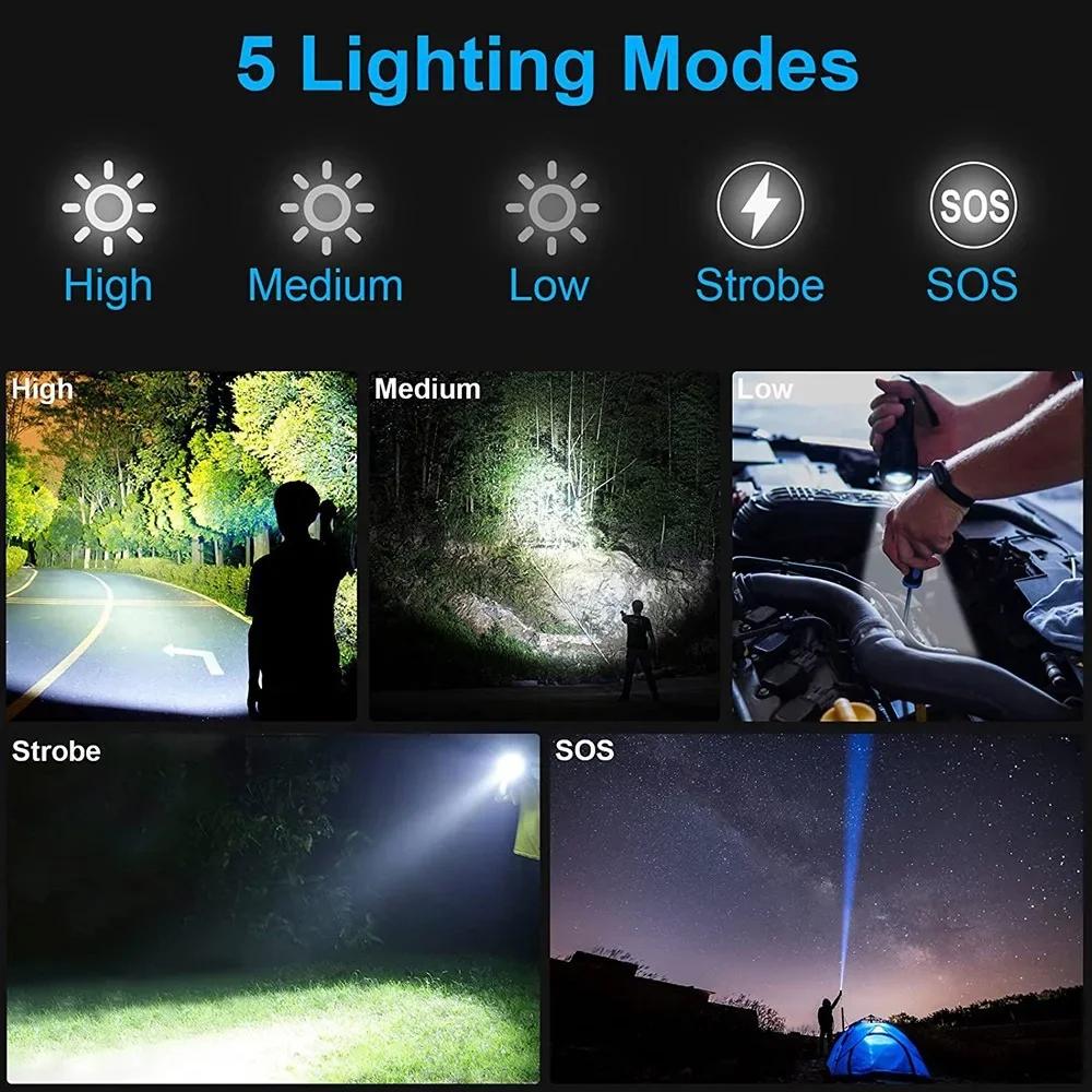 1000000LM Most Powerful Led Flashlight Rechargeable 800W LED Flashlights High Power Zoom Torch Long Range 3000m Tactical Lantren