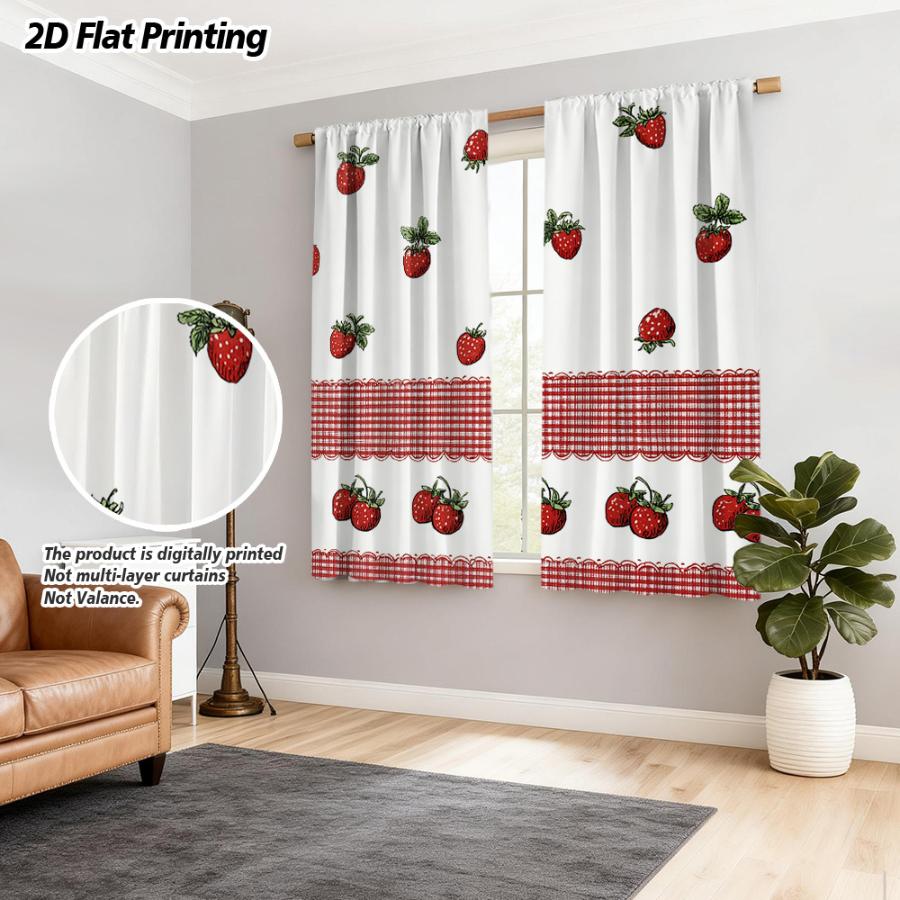 2PCS Digital Printed Curtain, Red Plaid Strawberry Pattern, Country Farmhouse Kitchen Style Window Drapes for Dining Room