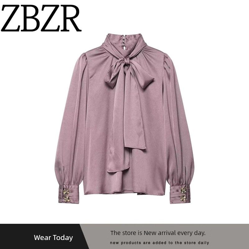 Za Autumn and Winter New Arrivals Women's Clothing Zr European and American Style Fashionable Satin Texture Shirt with Bow Decoration 8946839