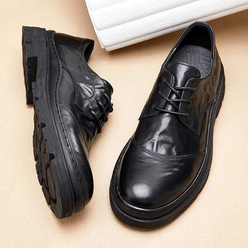Leather Cowhide Shoes Men'S Business Casual Breathable Thick Sole Heightening Derby Shoes British Dress Wedding Suit Men'S Shoes