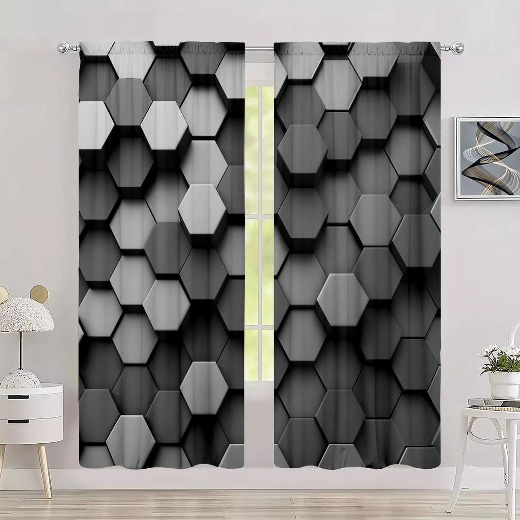 2pcs Futuristic Hexagon Pattern Printed Curtains, Digital Print Drapes Polyester for Living Room, Bedroom, Kitchen, Home Decor