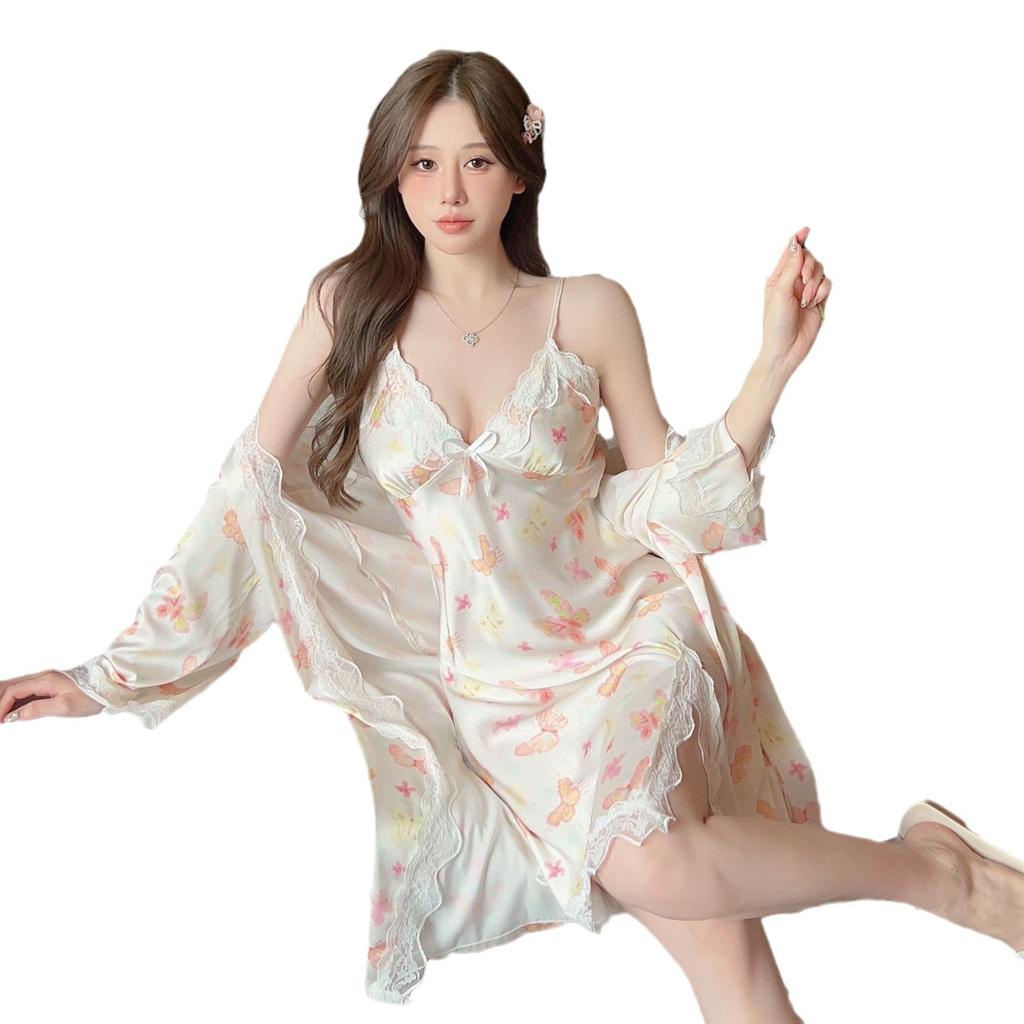 Ice silk pajamas women's new suspender nightgown ins nightgown two-piece set with chest pad sexy printed loungewear long sleeves