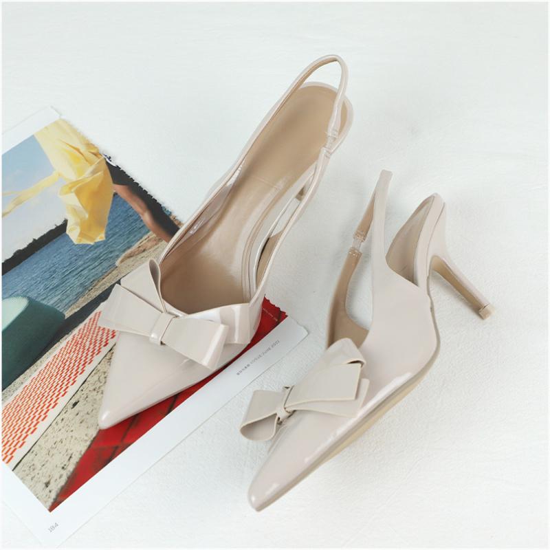 Women's High Heels Sandals Butterfly-knot Design Summer Footwear Chic Pointed Patent Leather Beige Elegant Female Wedding Shoes