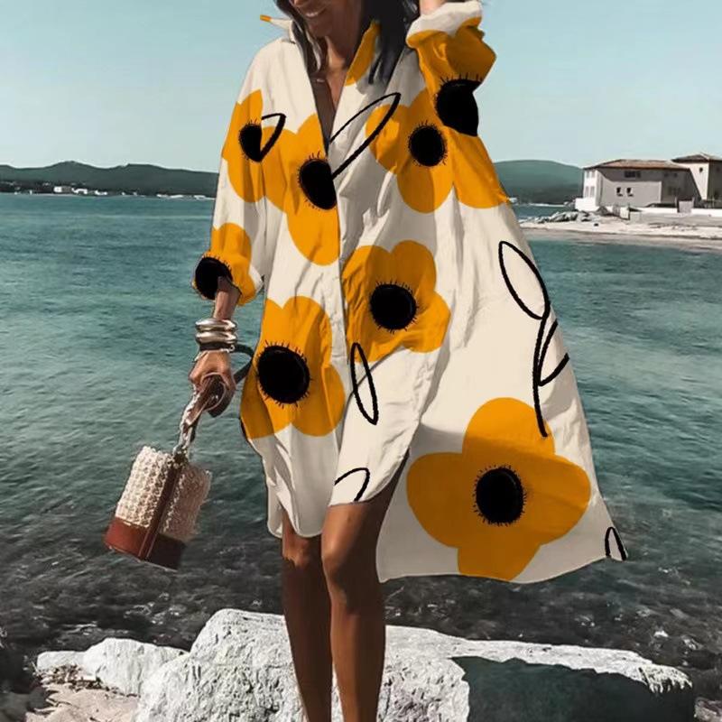 Summer New Casual Printed Dresses Women Loose Waist Long Sleeve Shirt Dresses