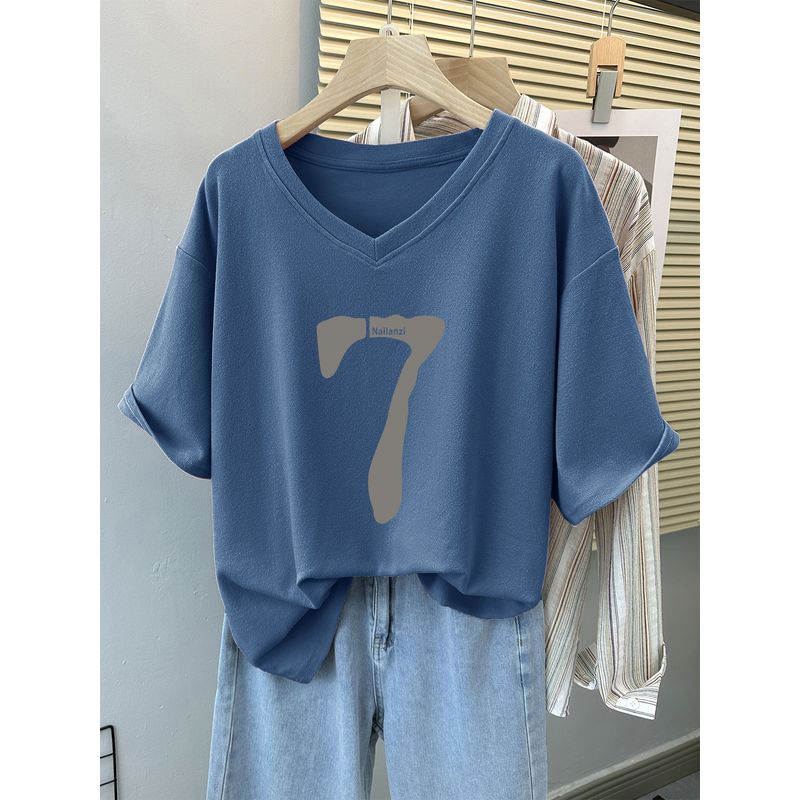 

American Retro V Neck Short-Sleeved T-shirt for Women Summer 2025 New Arrival Loose Cotton T-shirt Figure Flattering Belly-Covering Tops Ins Royal Blue 2XL(Recommend 70.00 kg-80.00 kg)