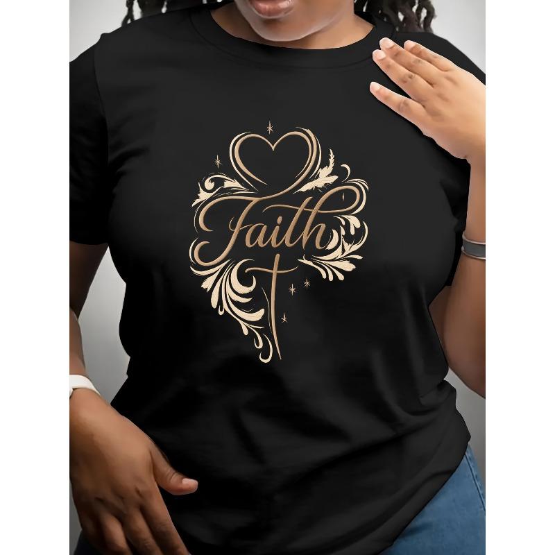 

European Size Women s Faith Artistic Style Heart and Letter Design, Fashionable and Individualistic Outfit, Women s Clothing, Casual Short-sleeved 4XL