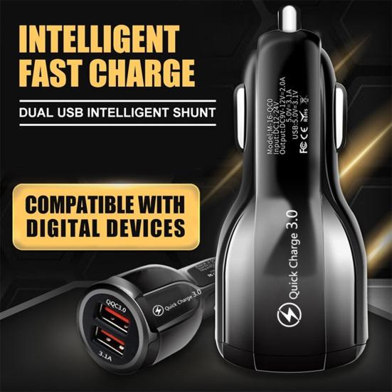 USB Charger 12/24V Universal LED Indicator Dual Port Fast Charging QC3.0 Bowling Car Charger