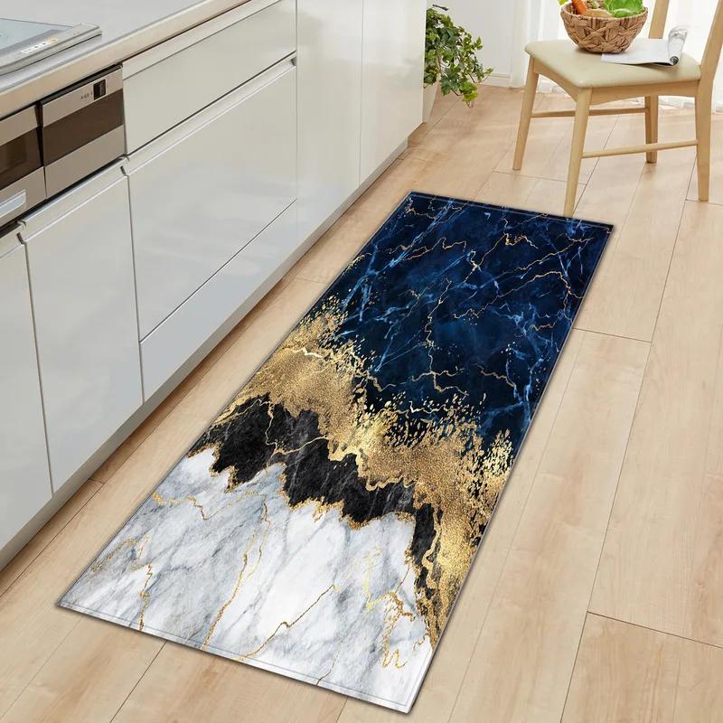 Black White Marble Print Long Runner Rug Non-slip Washable Kitchen Floor Mat Modern Abstract Home Decor Carpet
