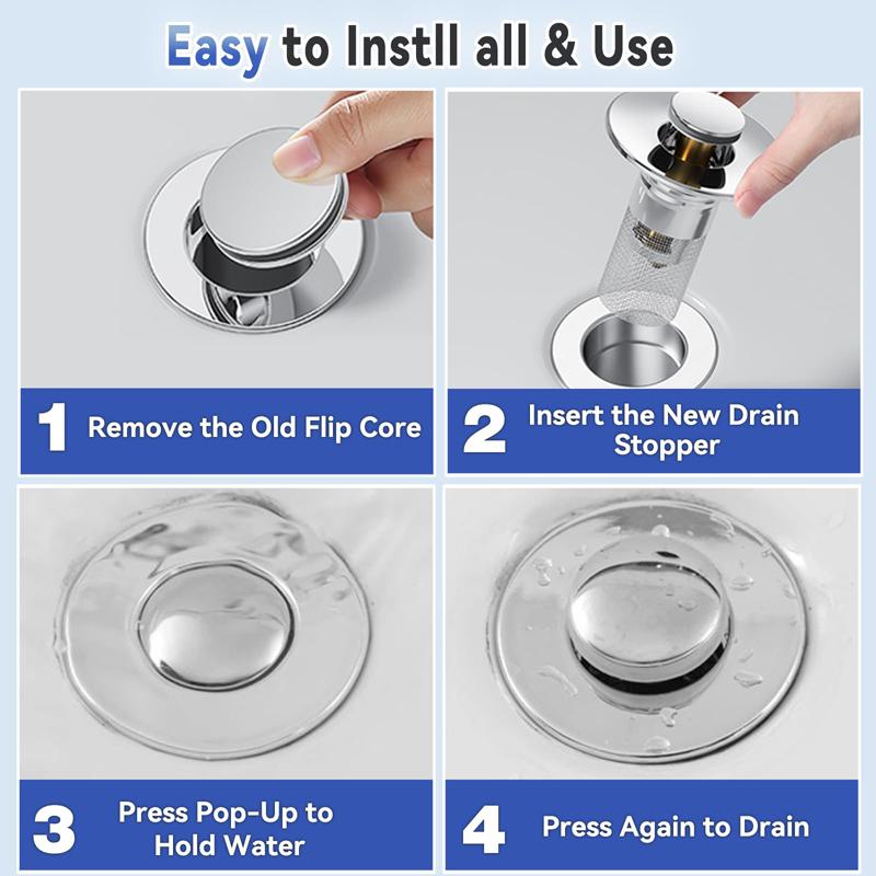 1pc, Pop-up Bathroom Sink Drain Strainer, Sink Drain Stopper with Removable Stainless Steel Strainer Basket