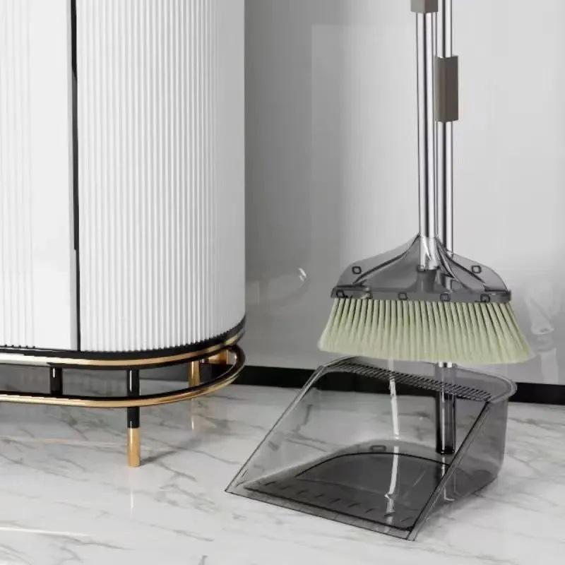 Two-Piece Transparent Plastic Broom and Dustpan Set with Non-Stick Soft Bristles