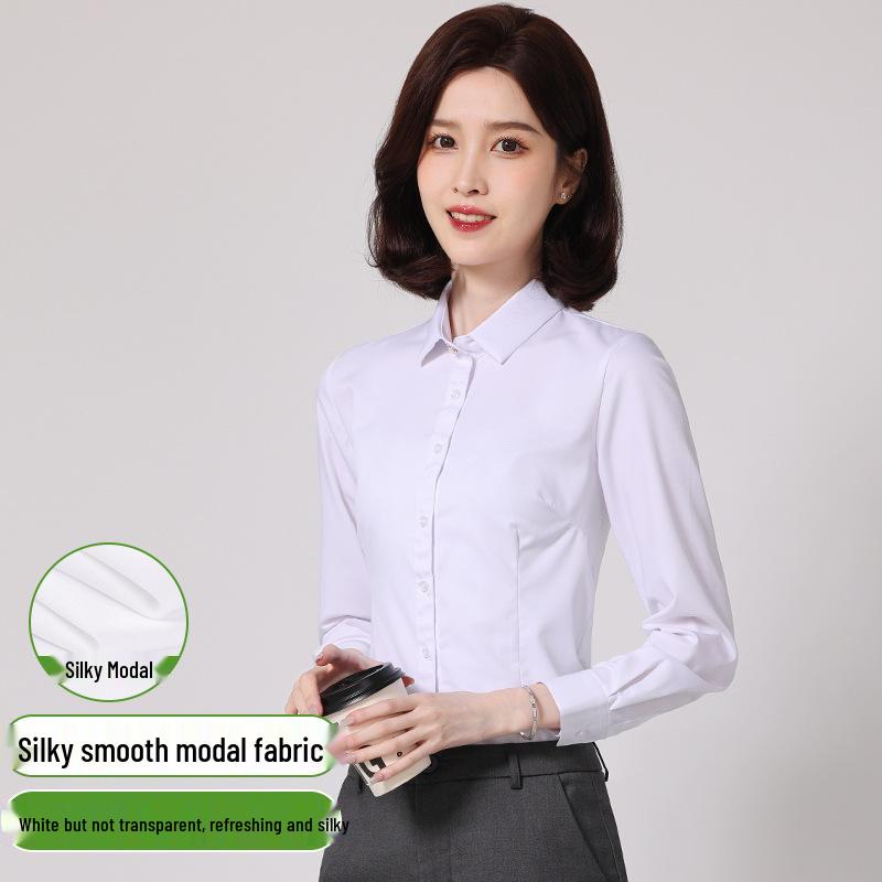Women's Long Sleeve Professional White Stretch Shirt for College Students and Teachers