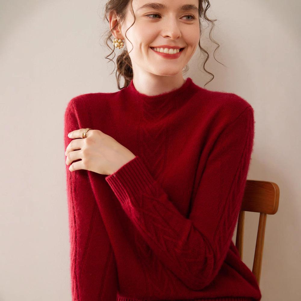 Women's Cable Knit Cashmere Pullover with Built-in Stand-up Collar Base Layer Sweater