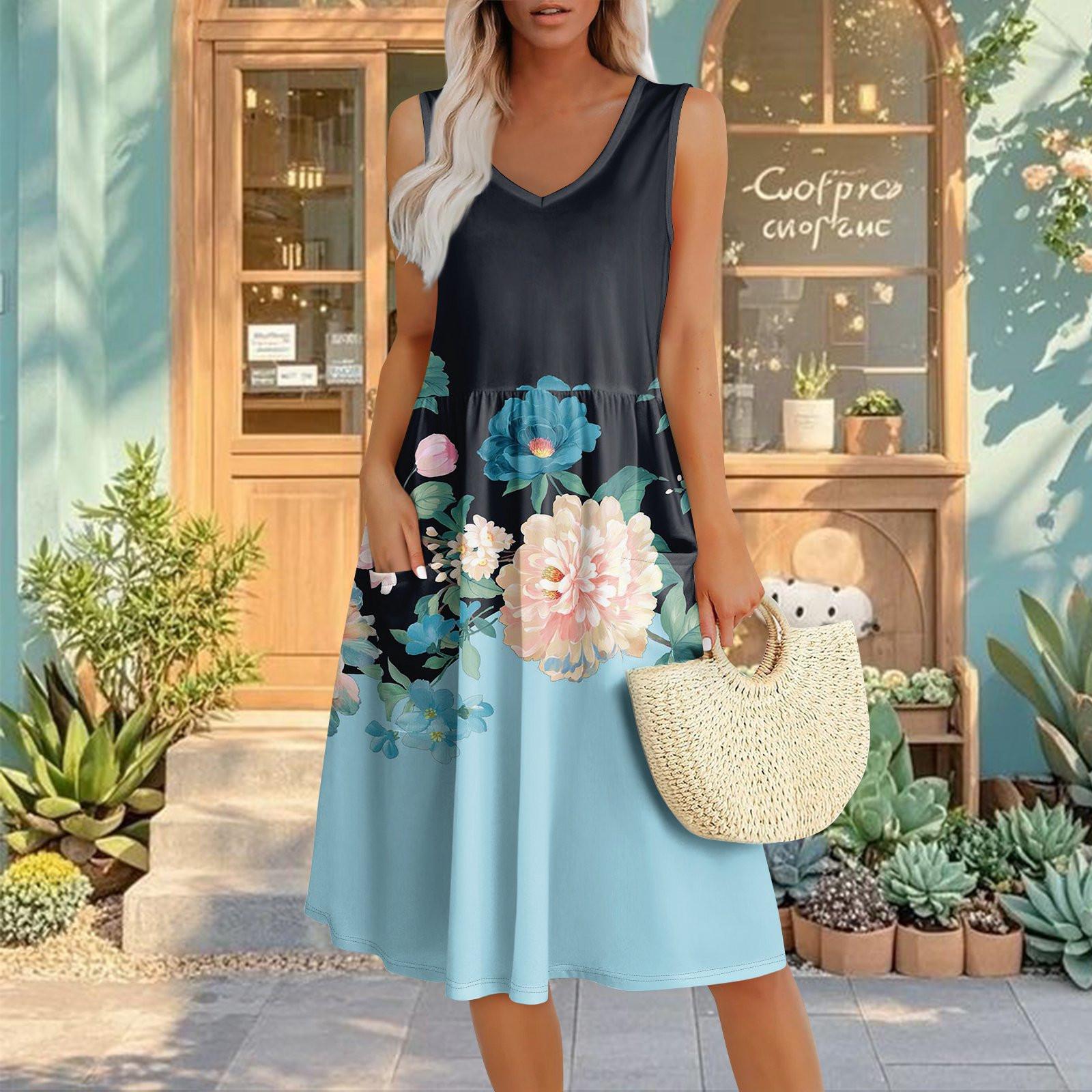 

Summer Casual Midi Dresses For Women Vocation Elastic Waist Sleeveless Knee Length Sundress With Pockets Loose Fit S розовый