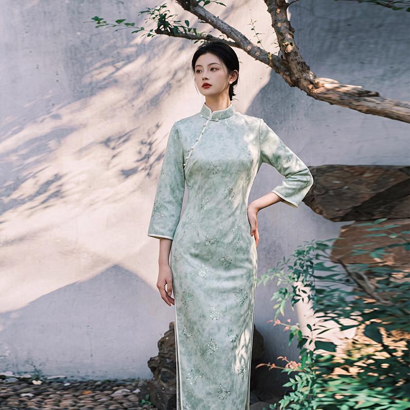 Green New Chinese Suzhou Long Sleeve Cheongsam Mid Sleeve Improved Young 1011 New Women's Premium Spring and Autumn
