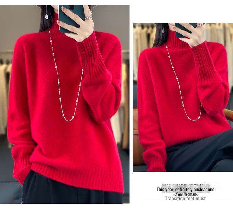 Women's High Neck 100% Wool Sweater - Loose Knit, Thick, Versatile, Cozy Base Layer for Autumn & Winter