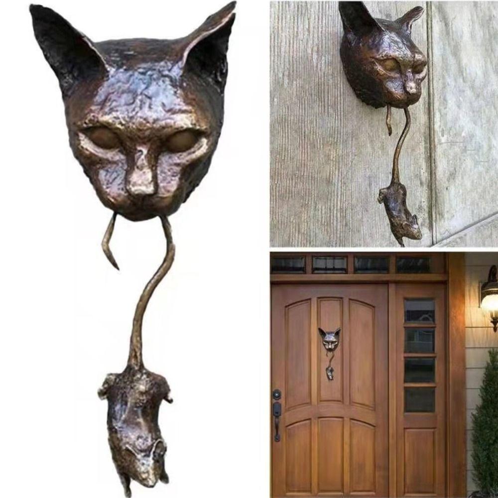 

Resin Wall Door Knocker Wall Hanging Cat And Mous Sculpture Garden Fence бронзовый