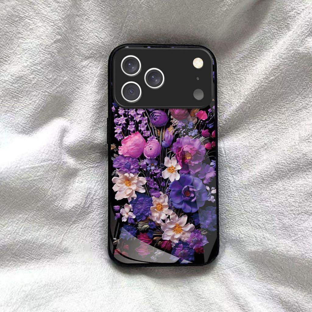 Shockproof Cover for iPhone 17 ProMax Pro Vintage Oil Painting Purple Floral Phone Case, Glossy Acrylic Back TPU Bumper