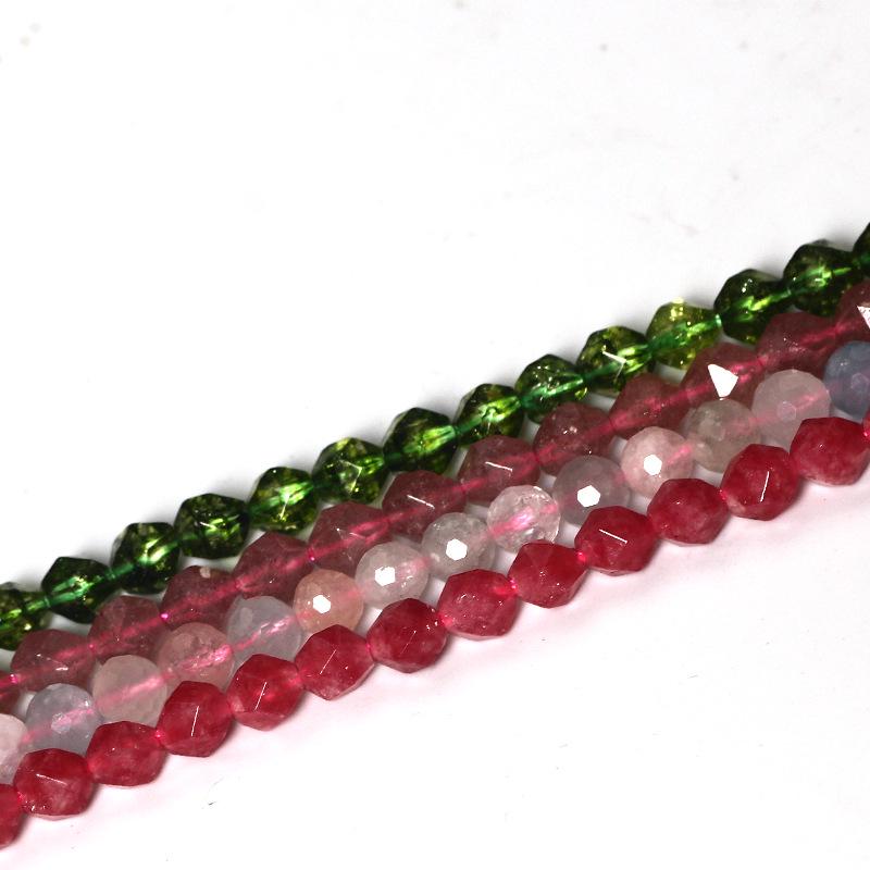 Natural Green Olive & Red Vein Morganite Strawberry Quartz Faceted Round Loose Beads