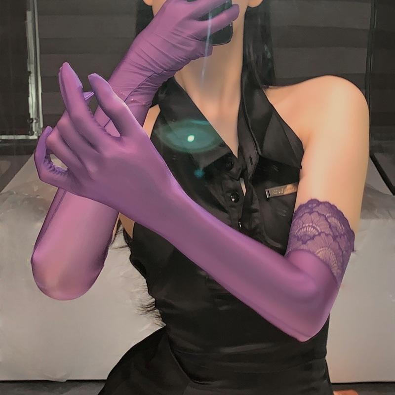 Long Satin Stretch Gloves With Lace Cuff Elbow Length Sheer Smooth Gloves For Wedding Evening Party Cosplay Costume Accessory