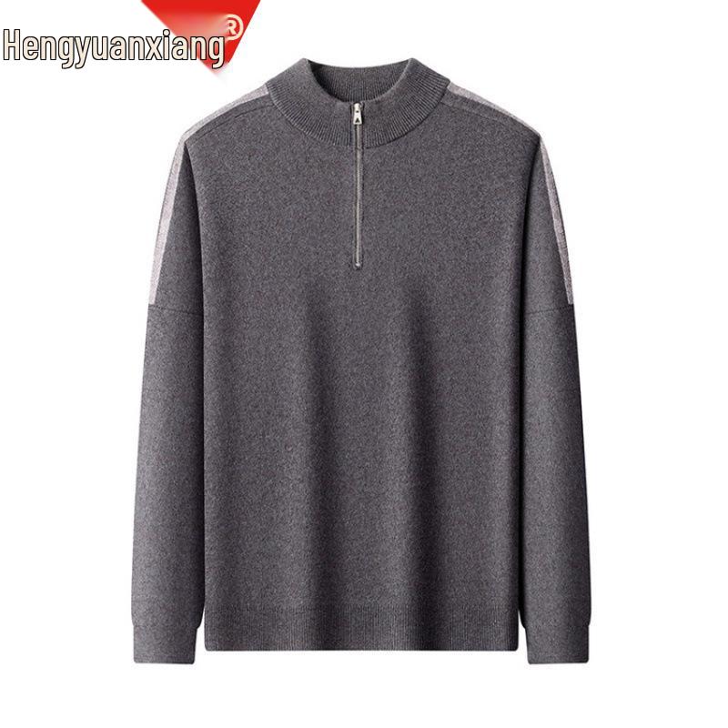 Hengyuanxiang Men's 100% Pure Wool Half-Zip Crew Neck Sweater - 2025 Autumn/Winter Warm Knitwear