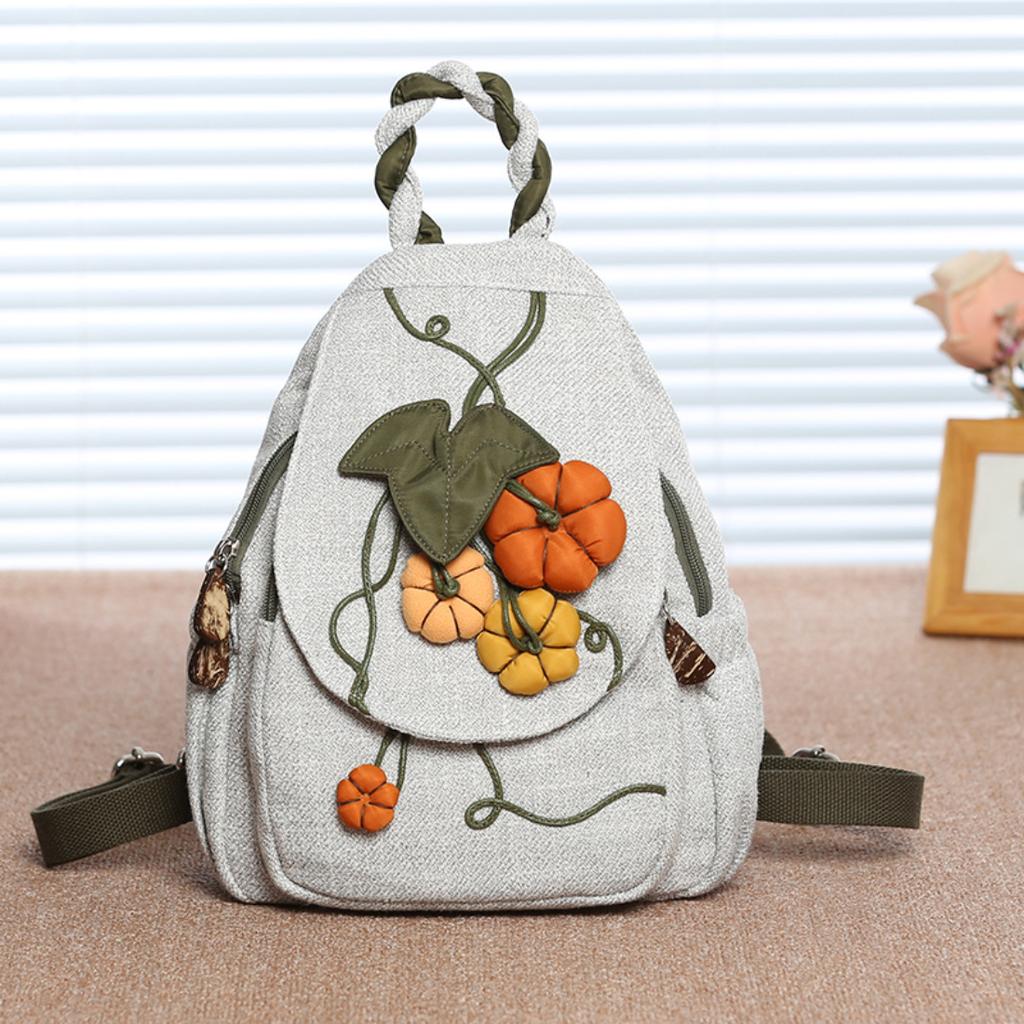 National Style Canvas Women Backpack With Hand Stitching, Literary Fresh Mini Chest Bag, Portable Small Rucksack For Travel Outdoor Daily Casual Use
