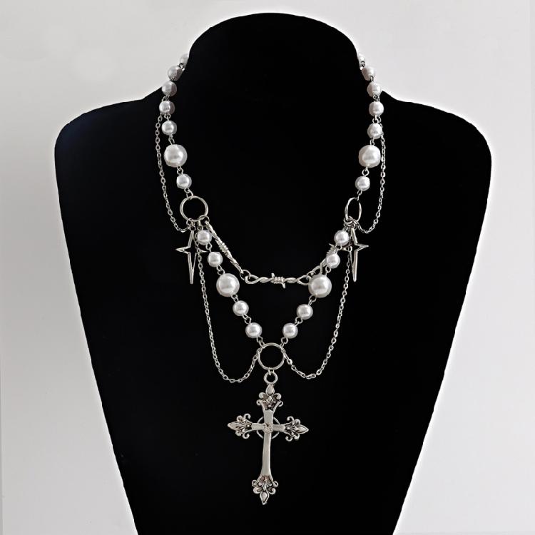 Fashion Cross Pendant Necklace Gothic Layered Necklace Pearl Beaded Necklace