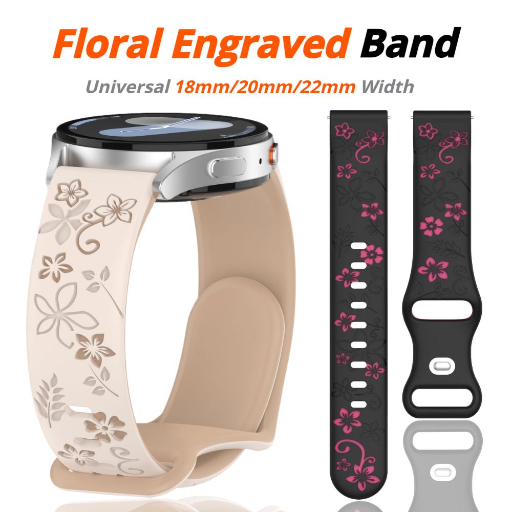 18mm 20mm 22mm Floral Engraved Band for Samsung Galaxy Watch 7 6 5 4 Cute Fancy Silicone Strap For Huawei Watch GT4 5 Pro/Active 2 correa