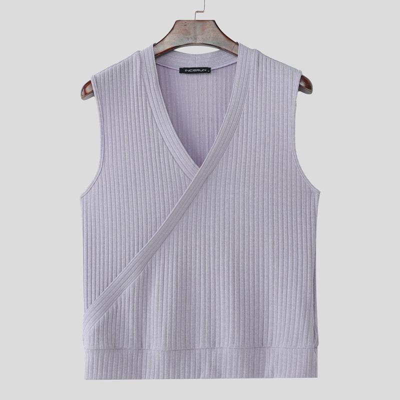 INCERUN Summer Men V Neck Front Cross Solid Rib Casual Tank Tops Undershirts