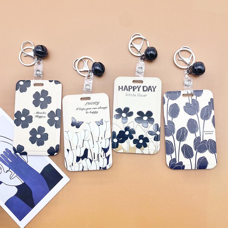 1 Pcs Simple Black and White Flowers Card Holder Campus Student Card Work Permit Bank Card Bus Card ABS Plastic Card Cover