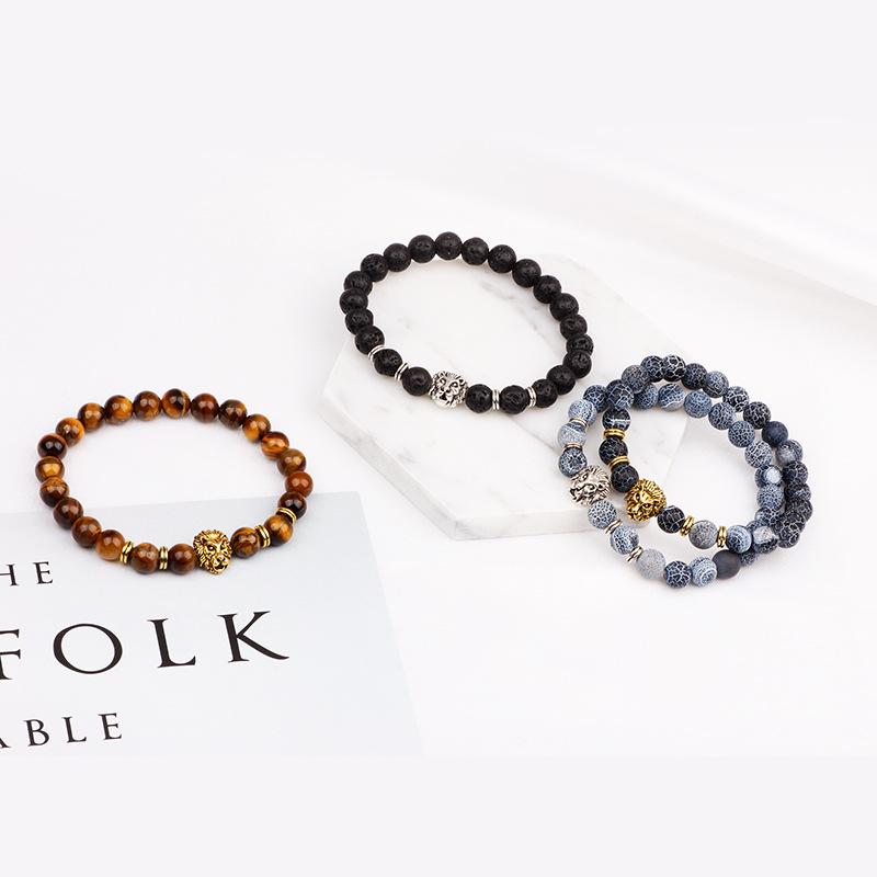 European & American Lava Stone Tiger's Eye Bracelet with Golden Lion Head for Men