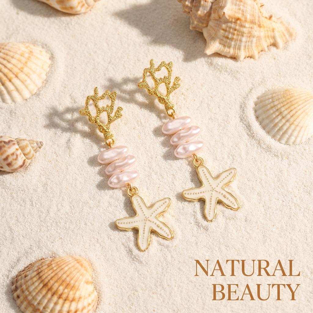 Gold Color Coral Starfish Dangle Earrings for Women Trendy White Enamel Lustrous Imitation Pearl Drop Studs Pretty Beach Jewelry