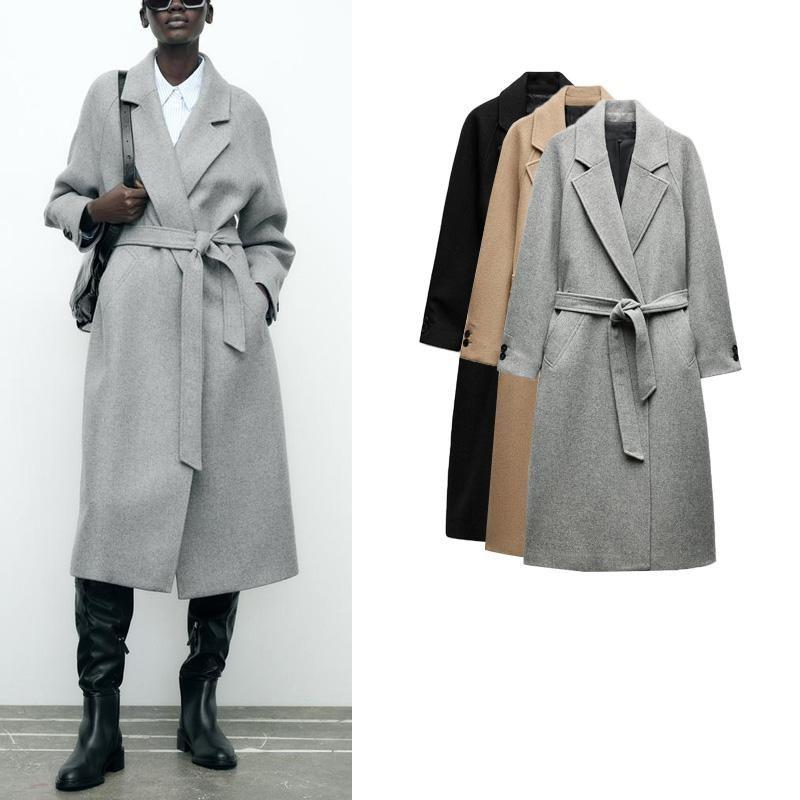 Fall and Winter New Product with Belt Casual Warm All-Matching Wool Blend Long Overcoat Outerwear 9174284