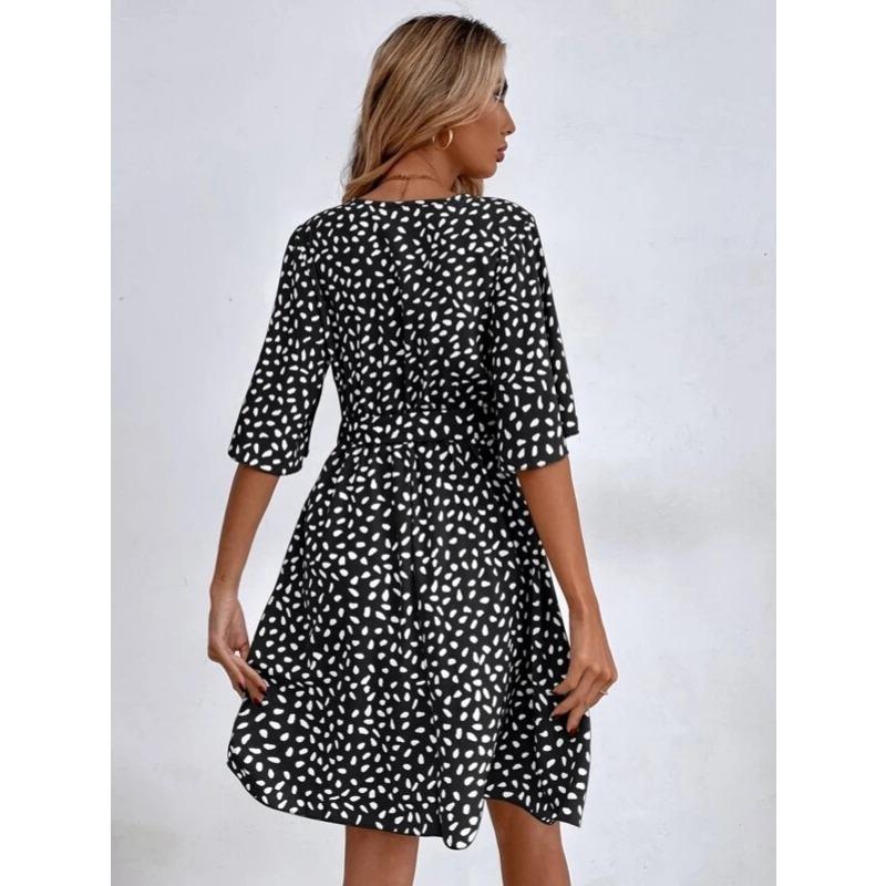 Fashion Polka Dot Printed Summer Dress Short Sleeved V-neck Lace-up Slim Waist Versatile Casual Loose Simple A-line Party Short Dress Elegant Female