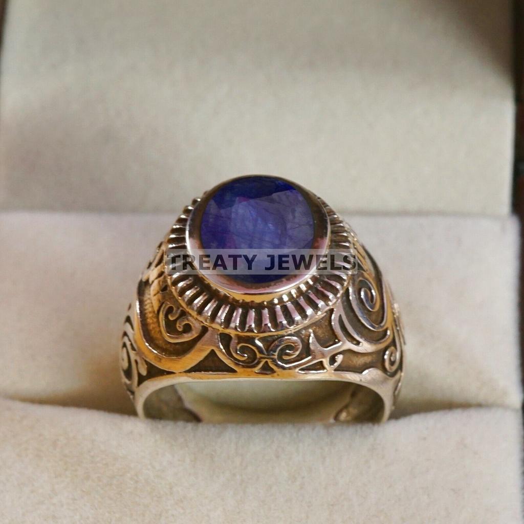 Blue Sapphire Oval Cut Gemstone With 925 Sterling Silver Ring For Men's #B582 JL375686464438