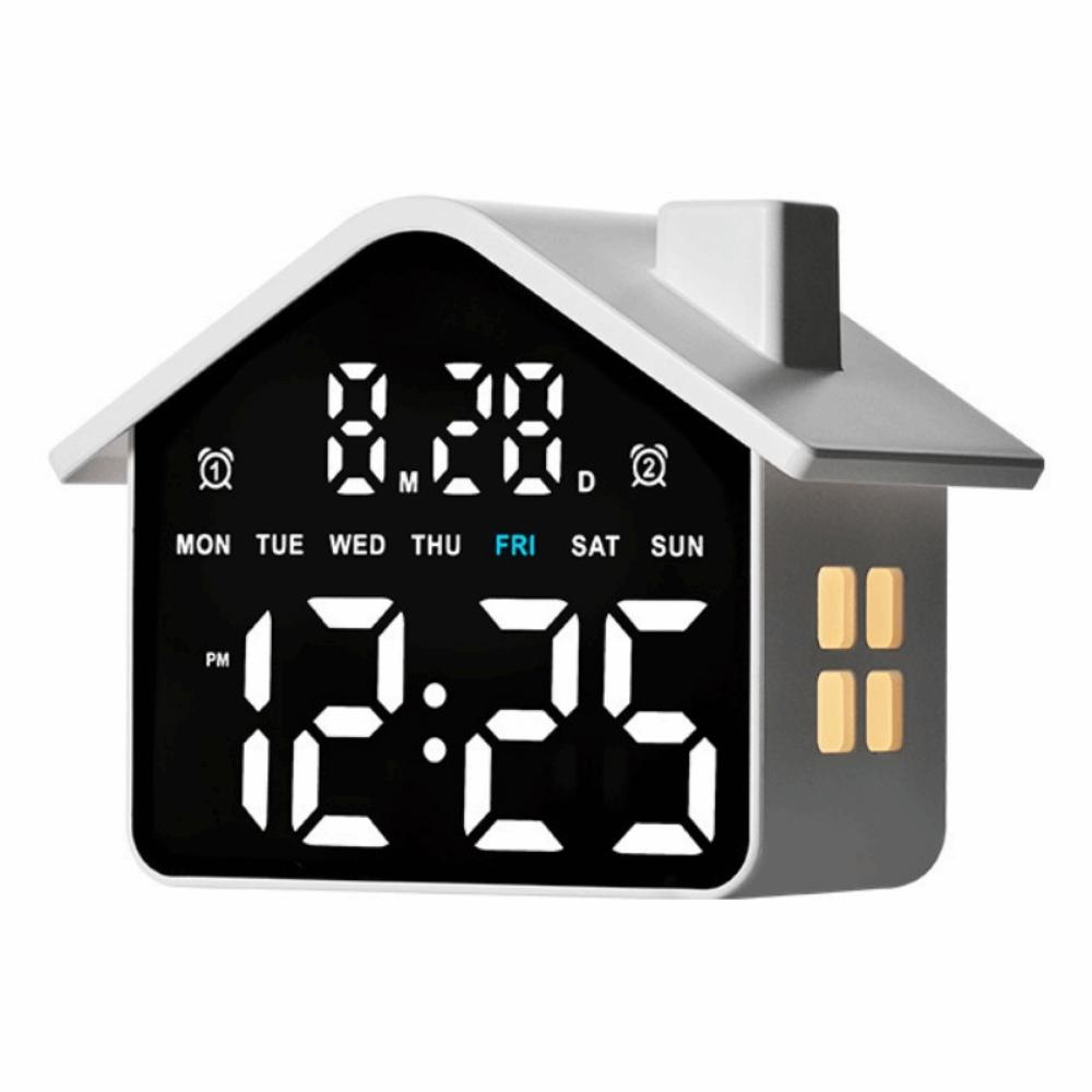 House Shaped Electronic Clock Night Light Digital Table Clock Simple LED Alarm Clock  Table Clock white and white