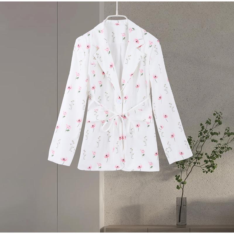 

Женский пиджак с лацканами и принтом крупных цветов, с длинными рукавами и шнуровкой, тонкий, для офиса, осень 2025 S белый