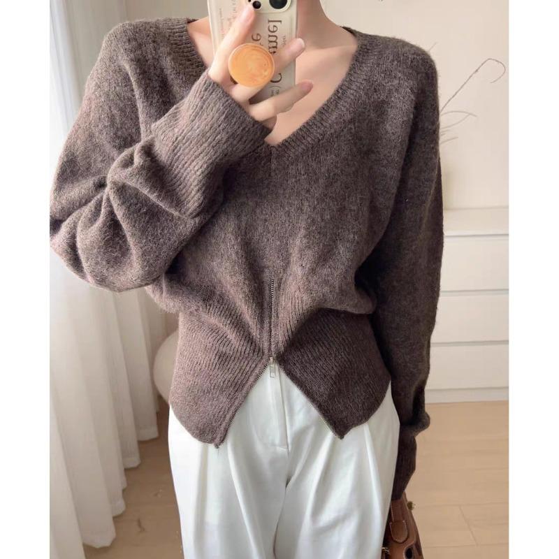 

Женский короткий пуловер с V-образным вырезом, молнией и разрезом, осенне-зимний простой свободный ленивый расслабленный вязаный свитер One Size верблюд