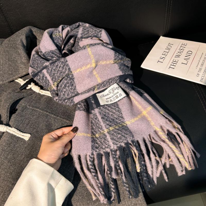 High-End Plaid Shawl for Women - 2025 Autumn/Winter Korean Style Thickened Imitation Cashmere Scarf