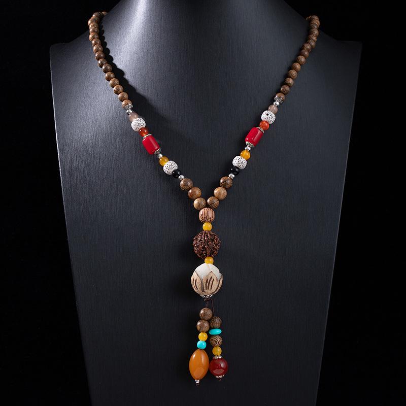 Ethnic Retro Vajra Bodhi Pendant Necklace with Wooden Beads