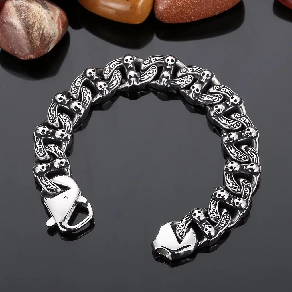 Gothic Skull Pattern Men's Bracelets On Hand Vintage Punk Stainless Steel Jewelry 230mm Chunky Skull Ghost Bracelet