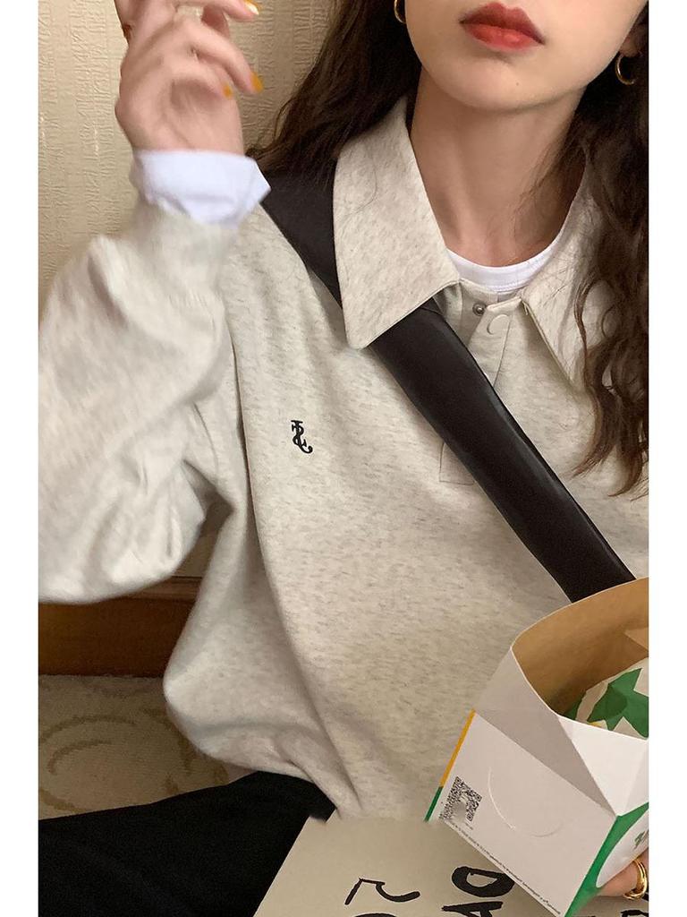 American Retro Gray Straight-Shoulder No-Hood Women's Sweatshirt - Autumn Thin Style, Petite Fit, Loose and Casual