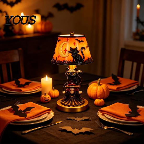 Non Dazzling Bedroom Lamp Halloween Vintage Table Lamp, Retro Resin Pumpkin Skeleton Black Cat Decorative Night Light, Gothic Bedside for Living Room
