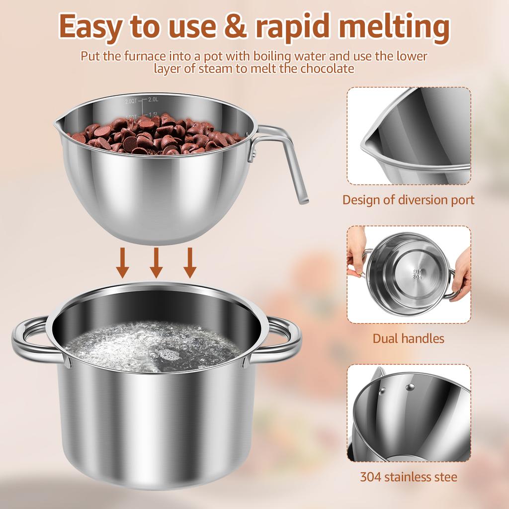 Double Boiler Pot Set 304 Stainless Steel Water Bath Melting Pot Set with Silicone Spatula and Spoon for Home Hotel Store