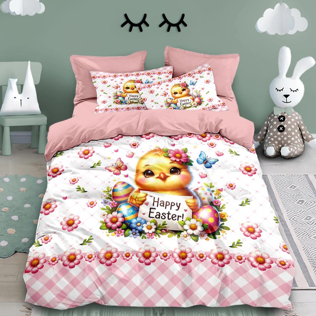 3pcs King Easter Cartoon Chicken Print Pattern Theme Duvet Cover Set, Queen, King, Double Bed, for Home,Hotel, Gift for Girl