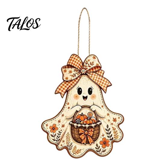 Outdoor Fall Entryway Sign Cute Bow Ghost Hanging Sign, Rustic Retro Floral Door with Pumpkin Harvest Wall Art Basket, Vintage Halloween Wooden