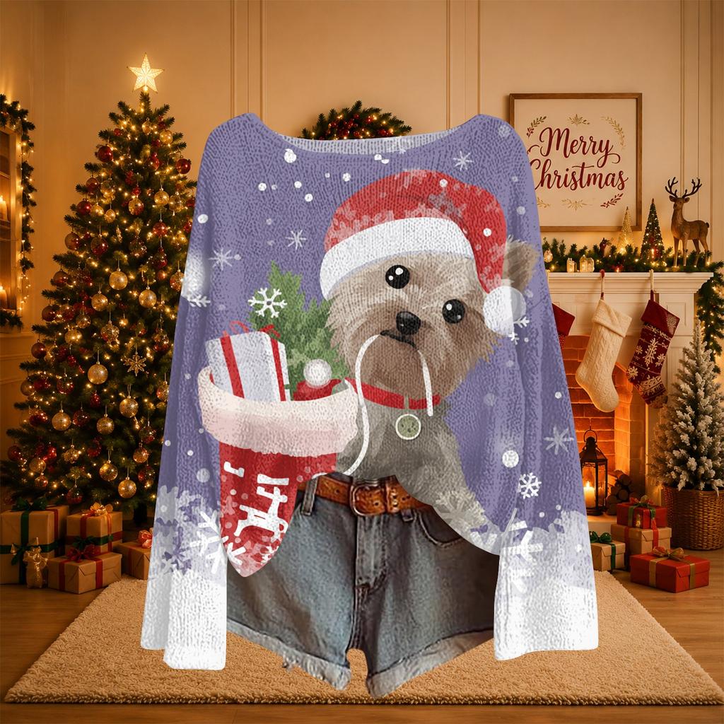Women's Christmas Print Lightweight Sweater Casual Long Sleeve Knit Pullover for Holiday Wear