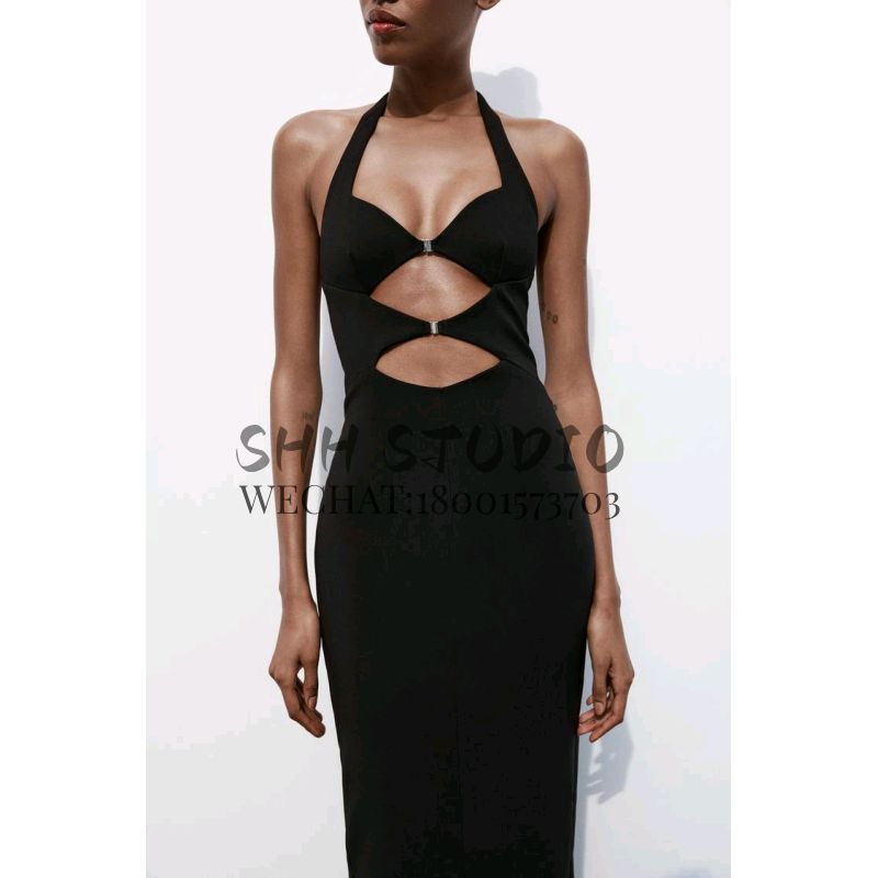 Spring New Fashion Wind Hot Sexy Buckle Decoration Opening Design Hanging Collar Dress 3152366