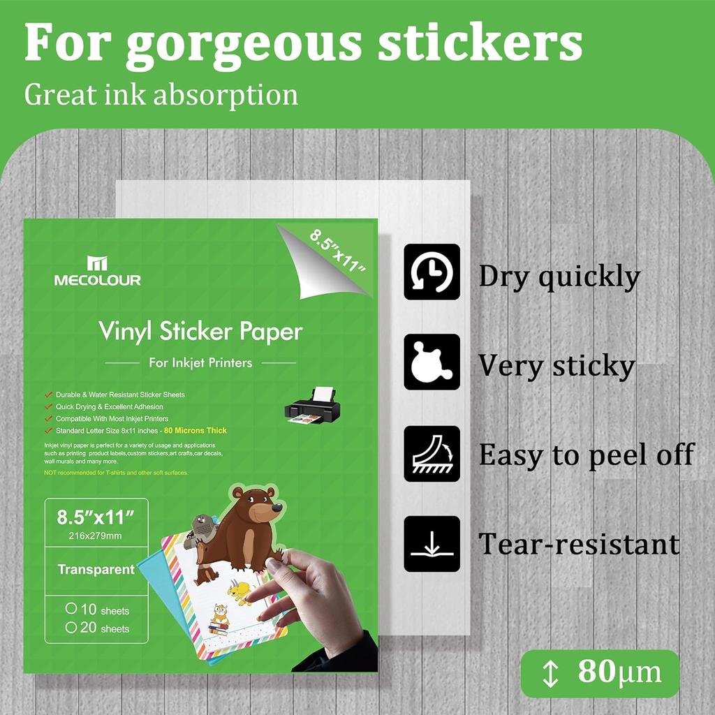 MECOLOUR Clear Sticker Paper for Inkjet Printer -95% Transparent 8.5x11 Inch Vivid Colors, Tear Resistant -20 Sheets