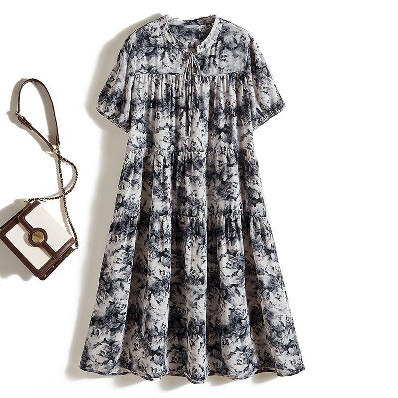 

Ruili Fashion Big Lady Summer Dress! Poplin Silk Ink Painting Lead Pleat over the Knee Refreshing Dress Anti-Wrinkle Flower color 4XL