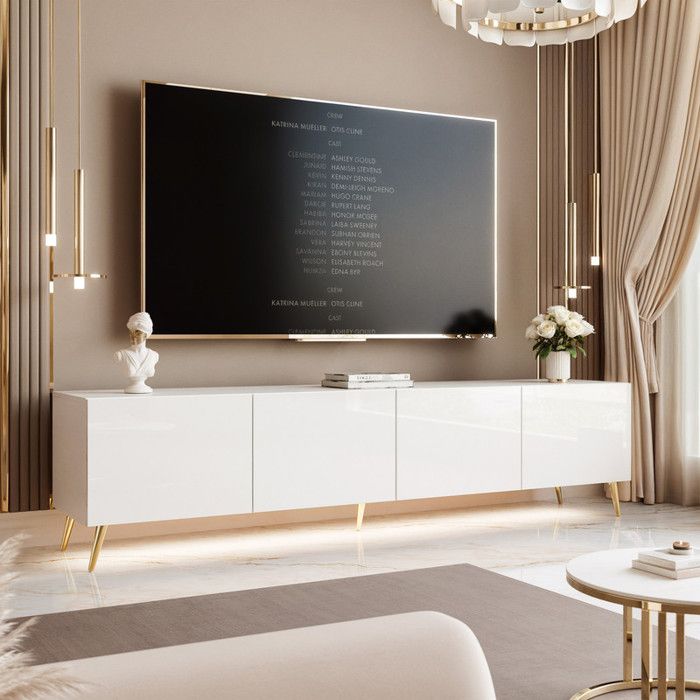 ANGEL TV Stand - with LED - 200x40x49 Cm - 4 Doors Without Handles - Glossy White